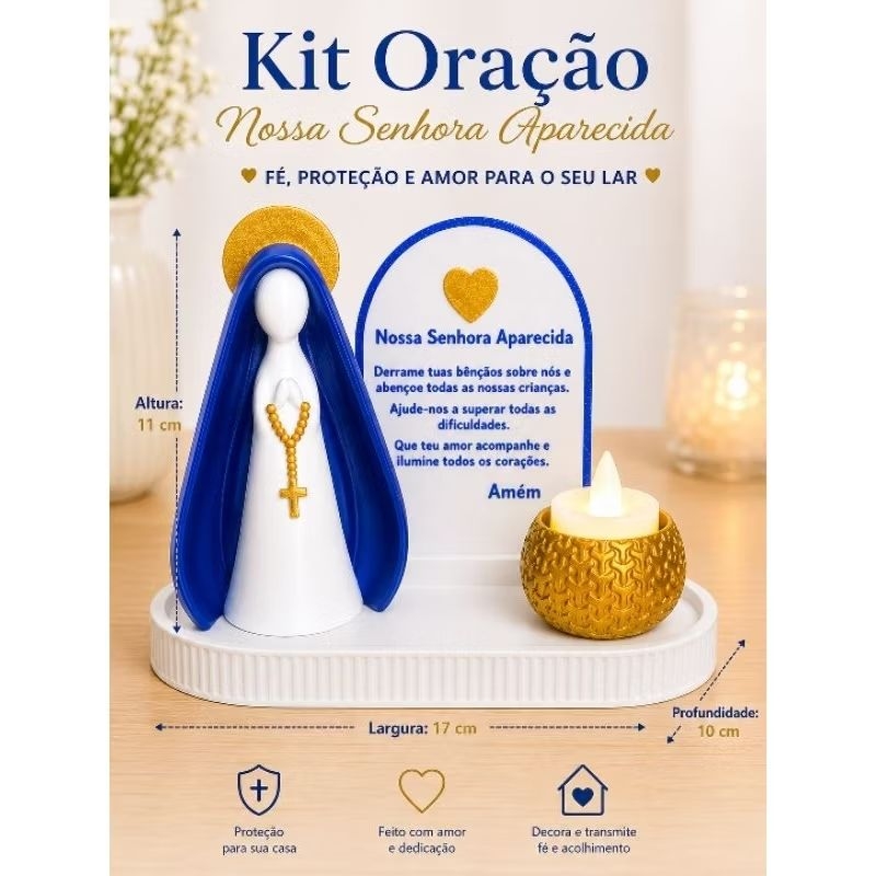 Kit Oração Nossa Senhora Aparecida Com Vela LED Decoração