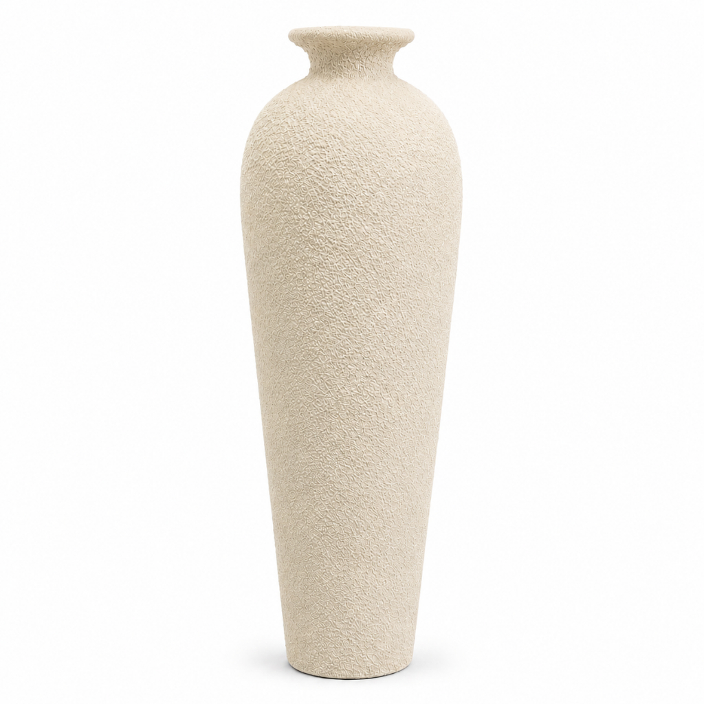 Vaso Garrafa Decorativo Grande 62cm Cerâmica Off White Textura Areia Sala Moderna Premium