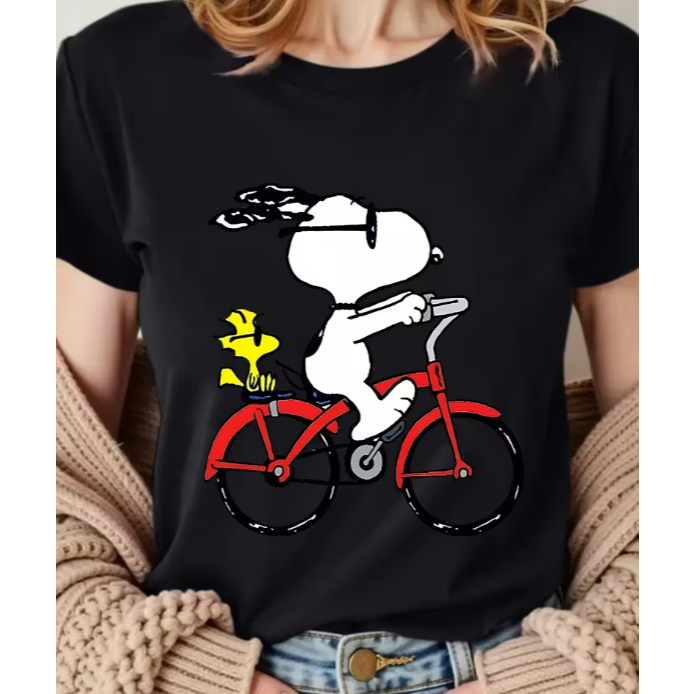 Camisa Feminina Estampada T-Shirt Confortável Desenho Animado Cachorro de Bicicleta Camiseta Dia a Dia Moda Primavera