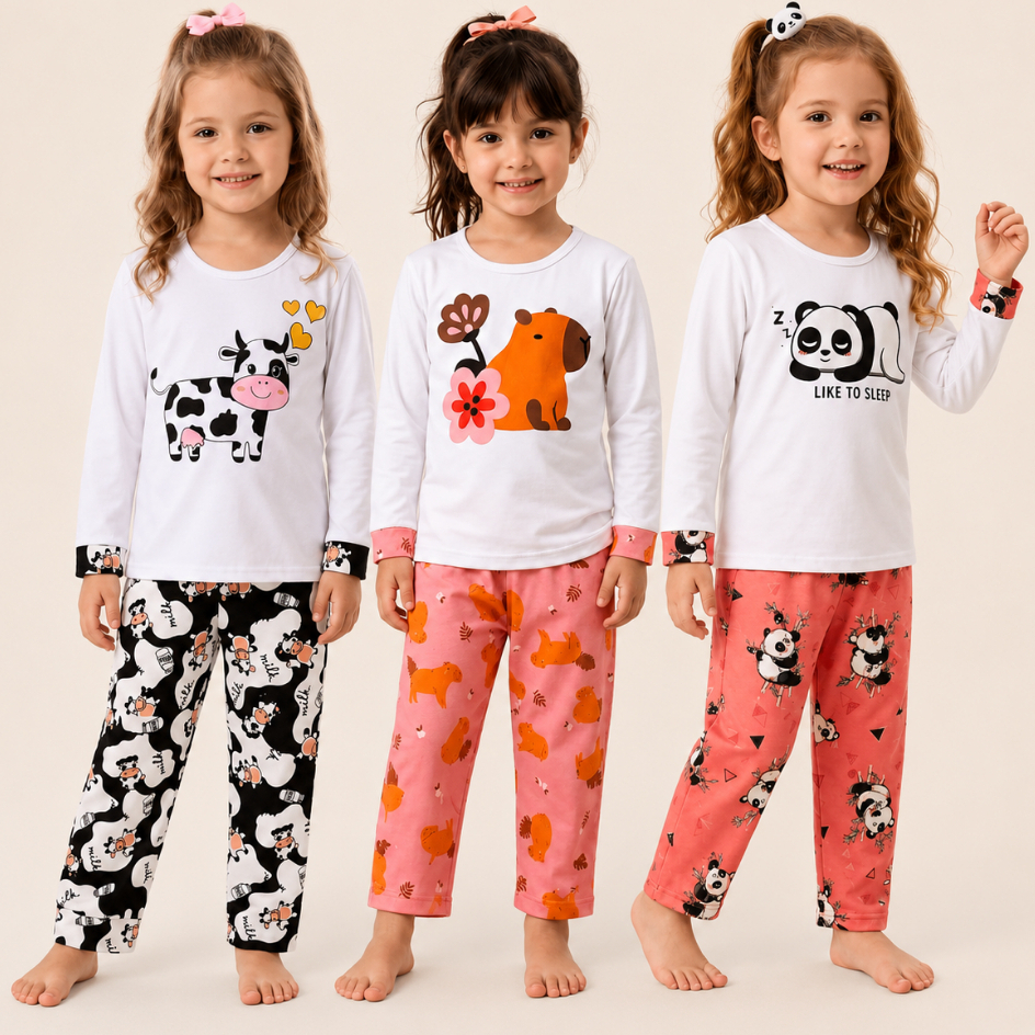Pijama Infantil Menina e Adulto Inverno Conjunto Inverno Feminino Longo Estampado Para Frio