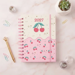 Agenda 2027 Capa Dura C/ Marca Páginas Espiral Agenda Cereja Estampada Glitter Grande Média 336 Pág