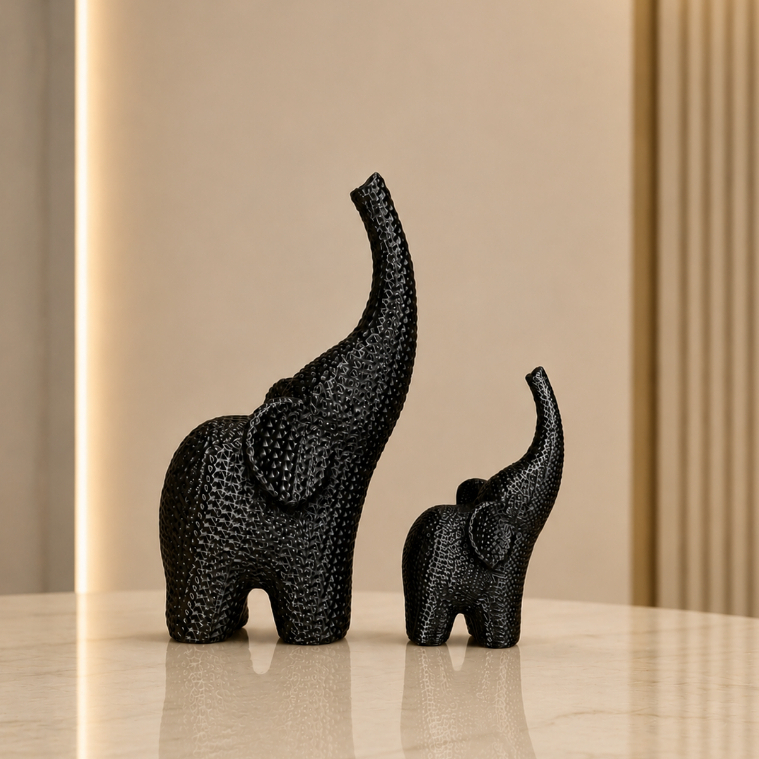 Kit 2 Elefantes da Sorte Decorativos Impressão 3D com Efeito Crochê para Sala Quarto Escritório e Decoração