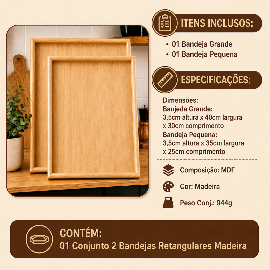 Conjunto 2 bandejas Retangulares Madeira, Elegância, Praticidade, Organização, Moderno, Utilidade Doméstica - Top Rio