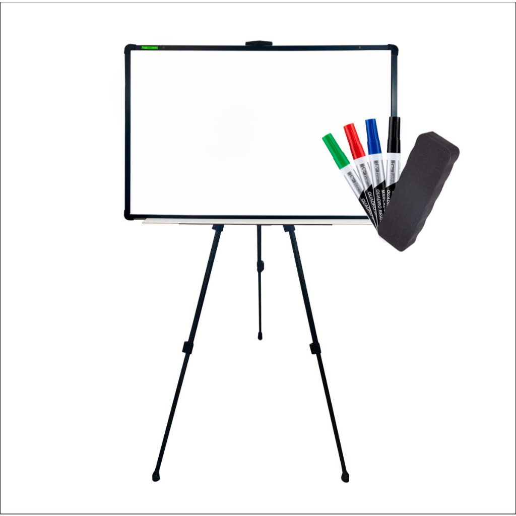 Lousa Quadro Branco Grande 120x80cm + Suporte Tripé Cavalete Regulável + 4 Canetas Coloridas + 1 Apagador