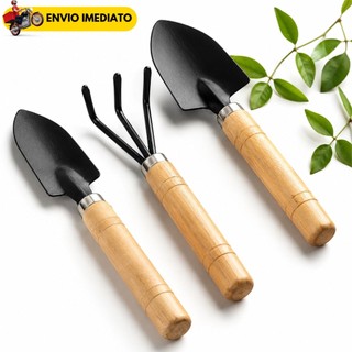 Kit Jardinagem 3 Peças Conjunto de Ferramentas Para Jardim Horta Vasos Pá Ancinho Transplantador Cabo de Madeira