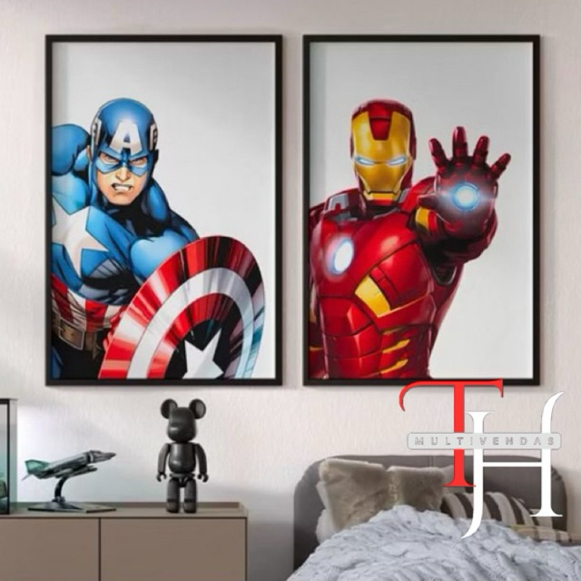 Quadro Decorativo Capitao,Iro Man,spider man,thor Heróis Da MARVEL Infantil ,Para Sala,Quarto e Escritório Feito 2 peçaf