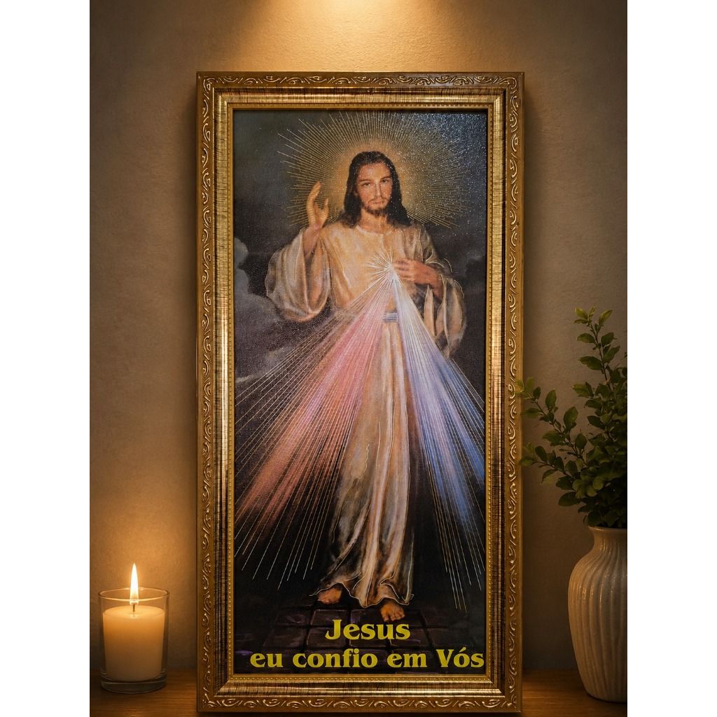 QUADRO JESUS MISERICORDIOSO 30X60CM RESINADO MOLDURA PREMIUM