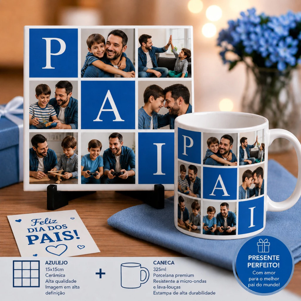 Kit Decorativo Azulejo Dia dos Pais Personalizado com 6 Fotos | Presente | Homenagem | Único e Especial para Pai — imagem 1