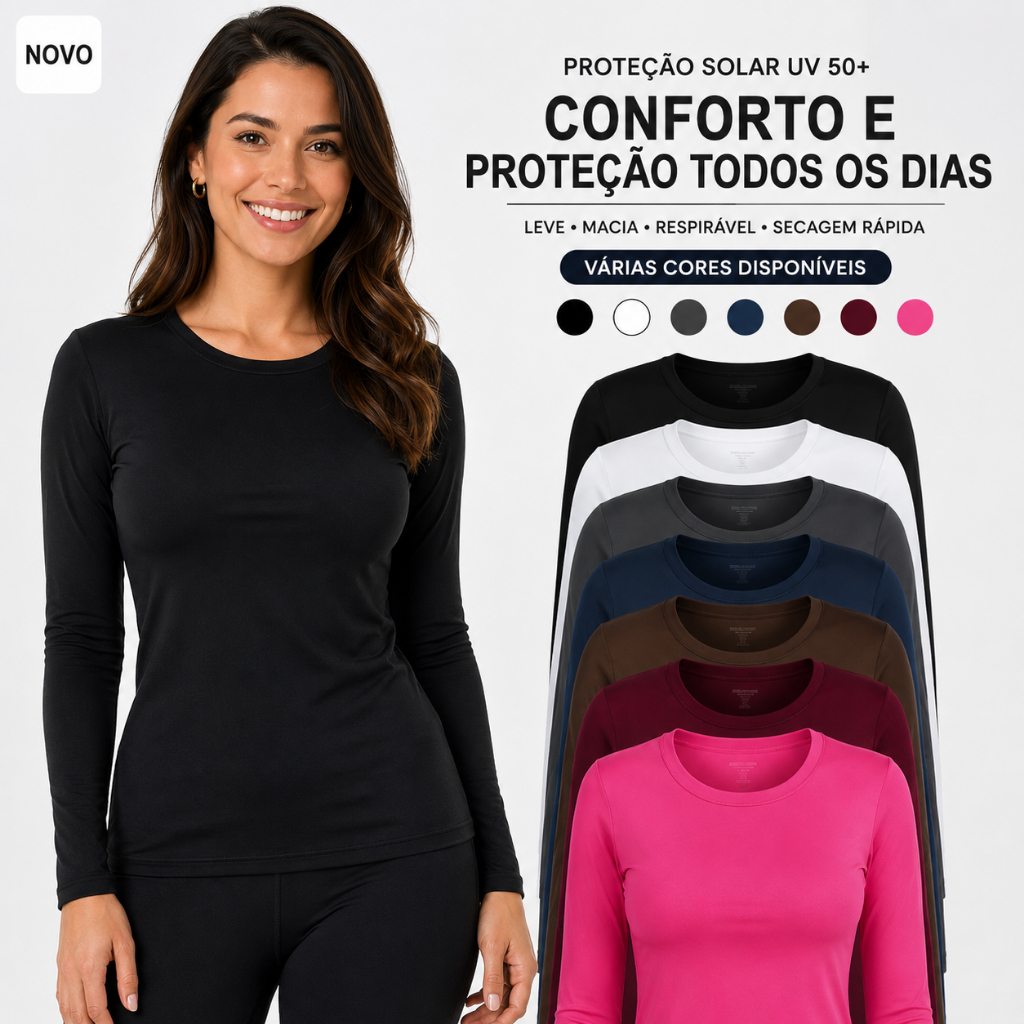 Camiseta Segunda Pele Feminina UV 50+ Manga Longa Proteção Solar Corrida Academia Praia Caminhada