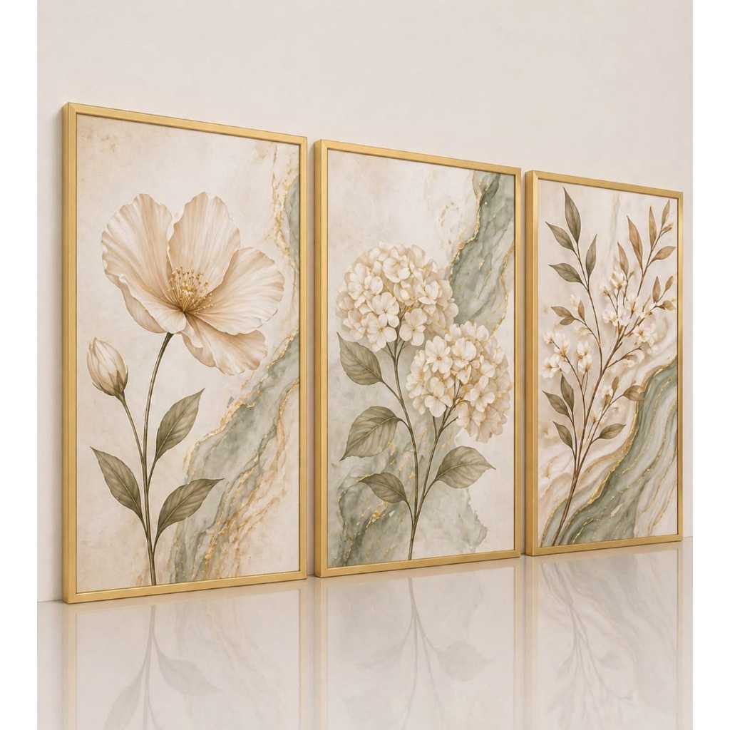 Kit Quadro Decorativo 122x60cm Floral Flores Brancas Bege Folhas Verdes Tons Neutros Botânico Clean
