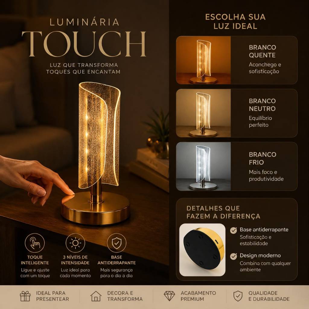 Luminária de Mesa LED Dourada Recarregável USB Decoração Luxo Abajur Moderno Quarto Sala
