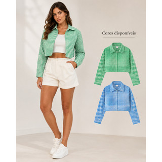 Blazer Cropped Malha Manga Longa Xadrez