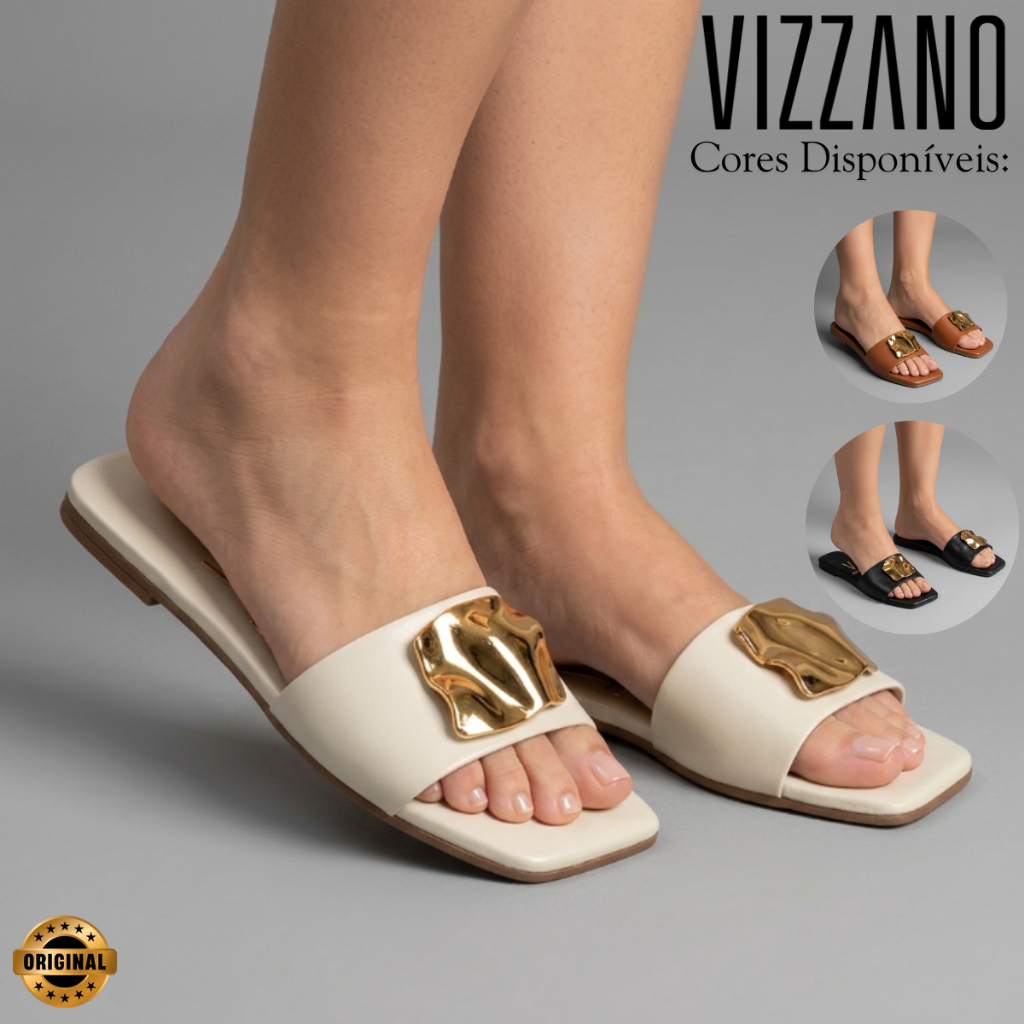 Sandália Rasteirinha Vizzano Feminina Casual Slide Leve Flat Detalhe Metalizado Conforto Original