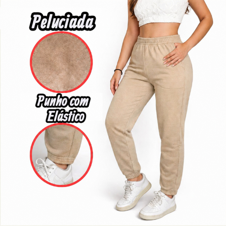 Calça feminina moletom Leve jogger peluciado flanelado inverno casual social com bolso plus size