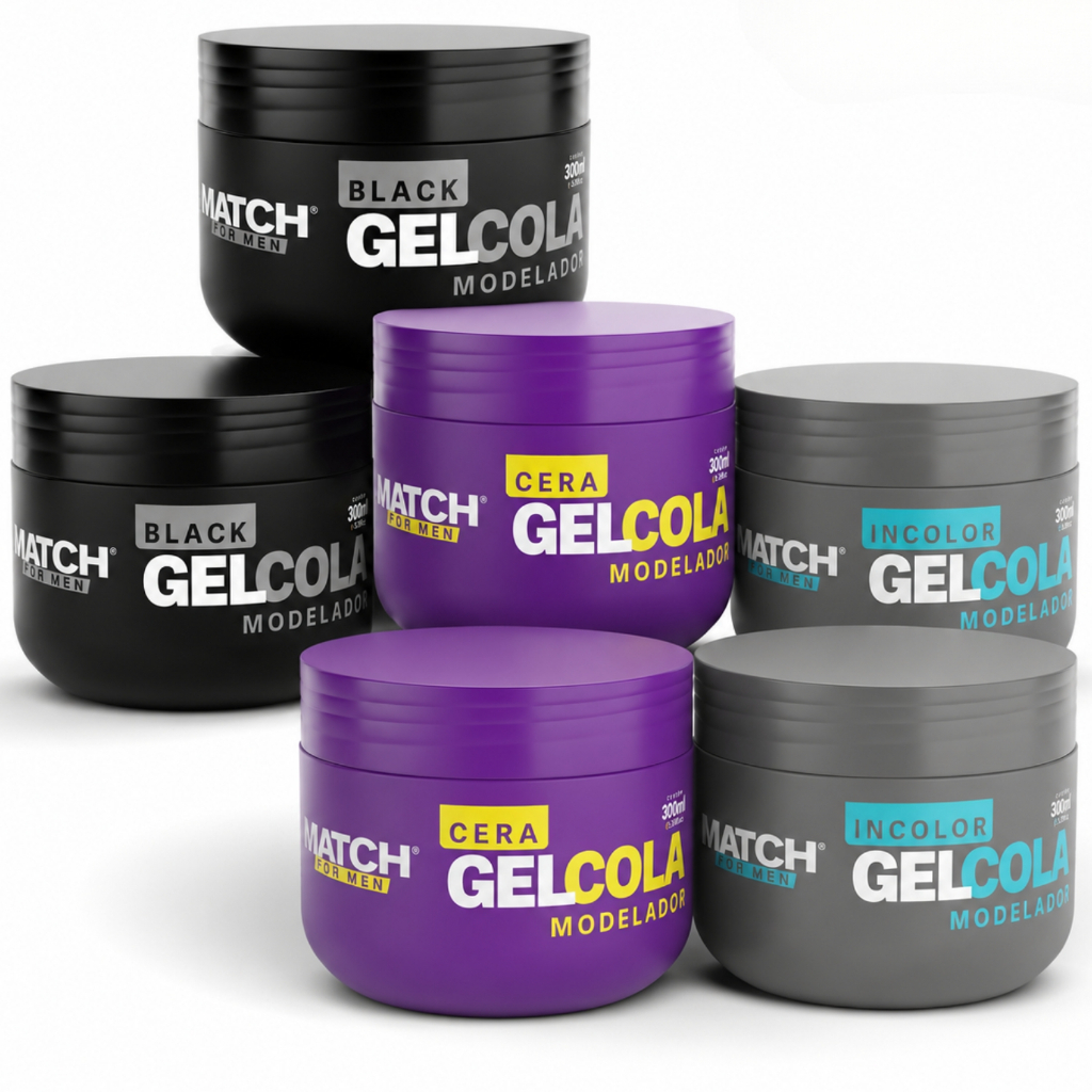 Kit 6x Gel Cola Incolor, Cera ou Black Sem Álcool Modela e Fixa Penteados Match Formen 300g