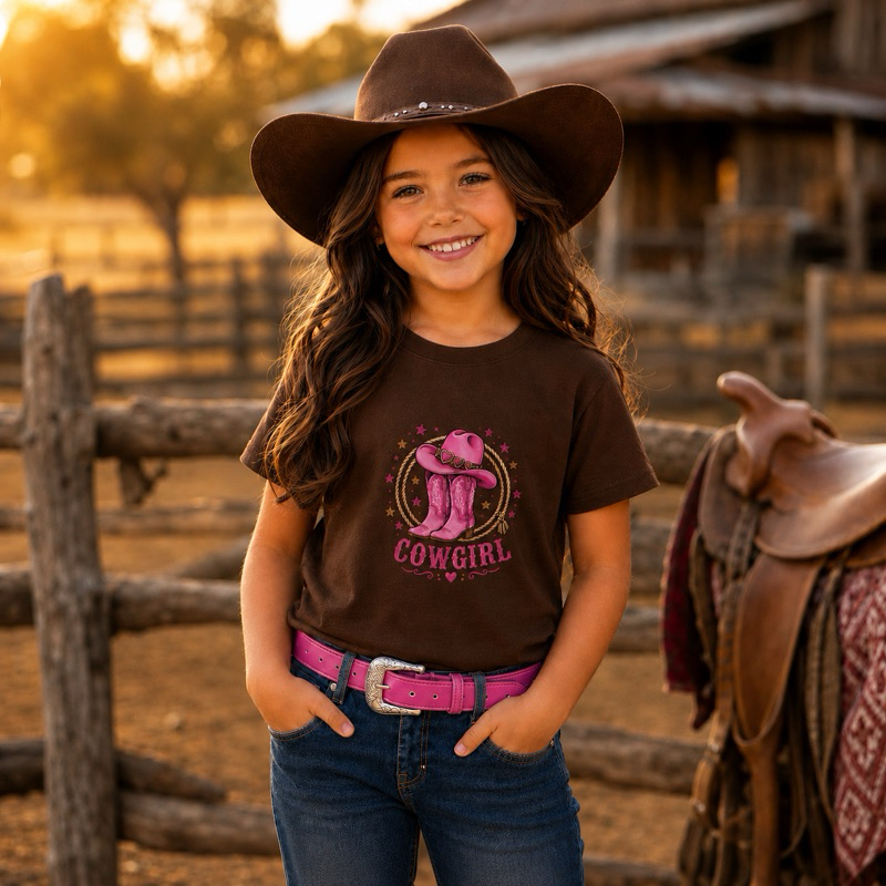 Camiseta Infantil Country Cowgirl Menina Algodão Estampa Rosa Preta Off White Marrom 2 ao 14 Anos