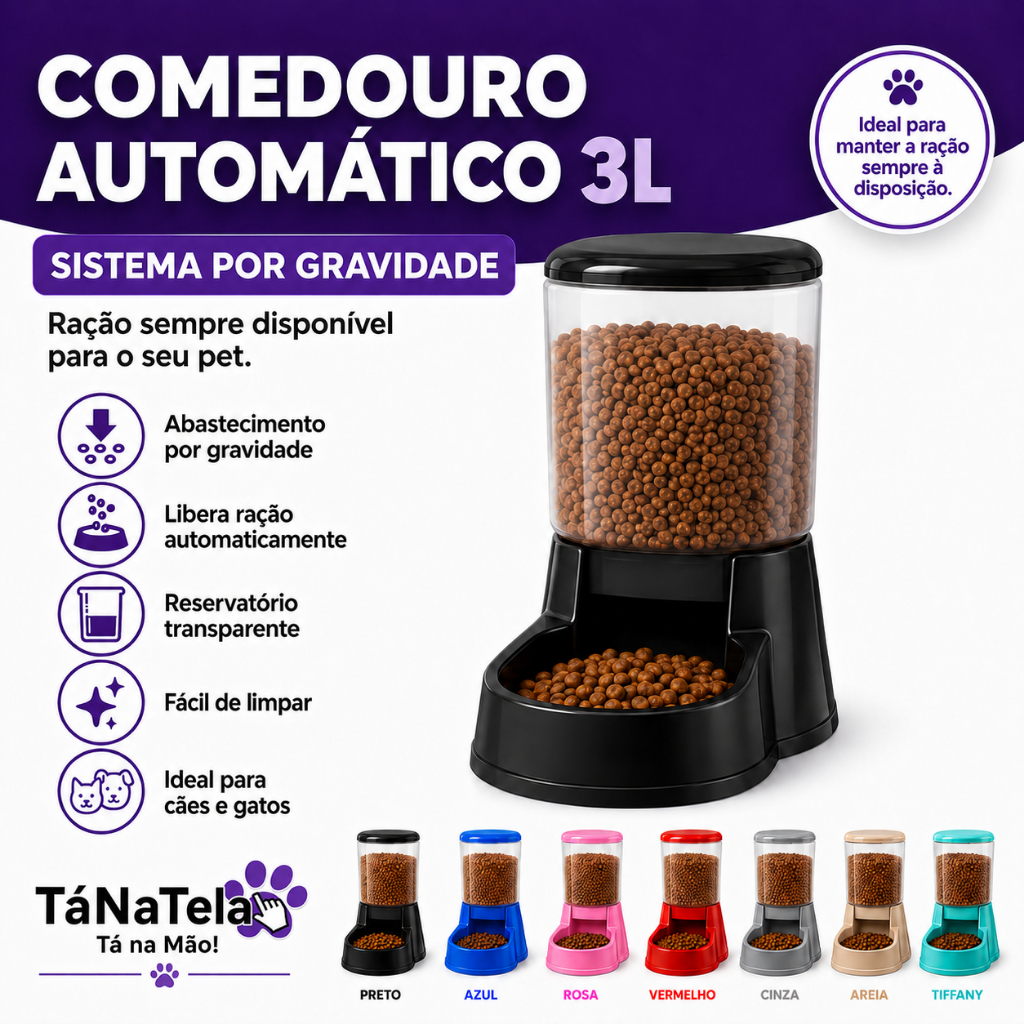 Comedouro Automático Pet 3kg Cães Gatos Ração Prático