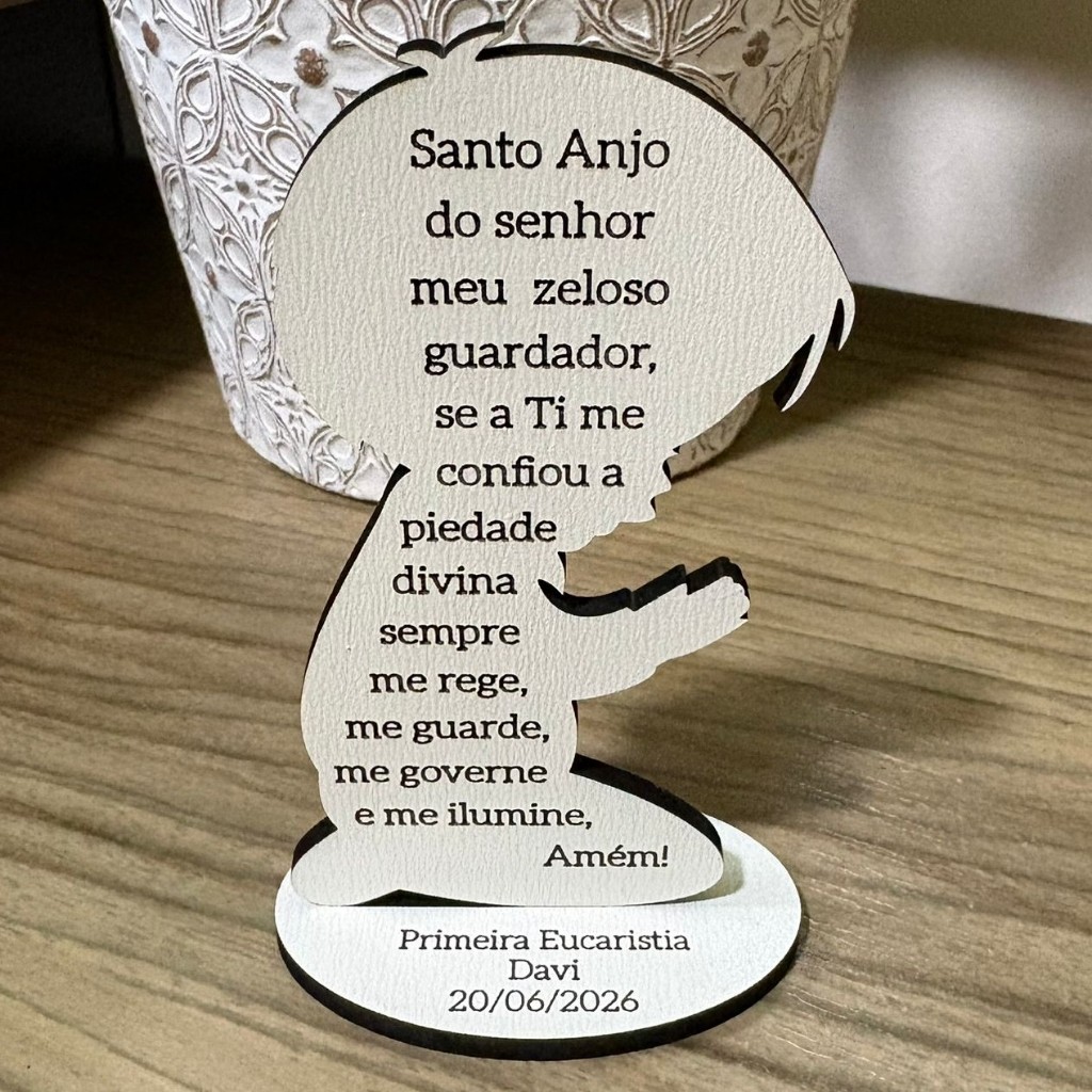 Kit Lembrancinhas Menino Orando Santo Anjo Personalizado - Para Batizado Crisma Primeira Comunhão Eucaristia MDF branco