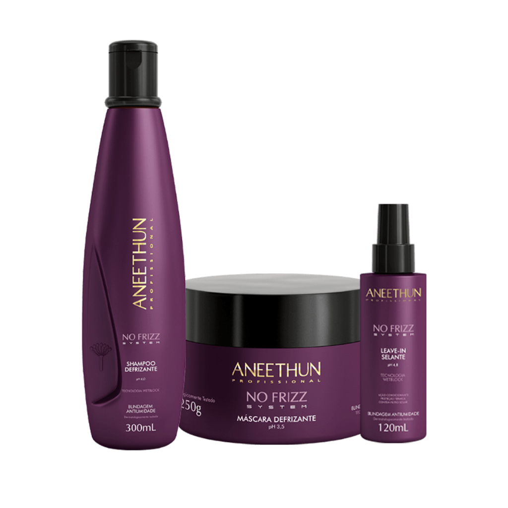 Kit No Frizz Shampoo 300mL Máscara 250g e Finalizador 120mL Aneethun