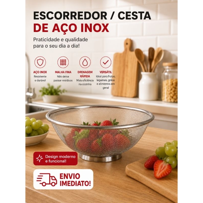 Escorredor de Arroz,Frutas,Legumes e Verdura em Aço Inox,Resistente,22 cm,Multiuso
