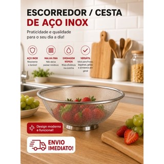 Escorredor de Arroz,Frutas,Legumes e Verdura em Aço Inox,Resistente,22 cm,Multiuso