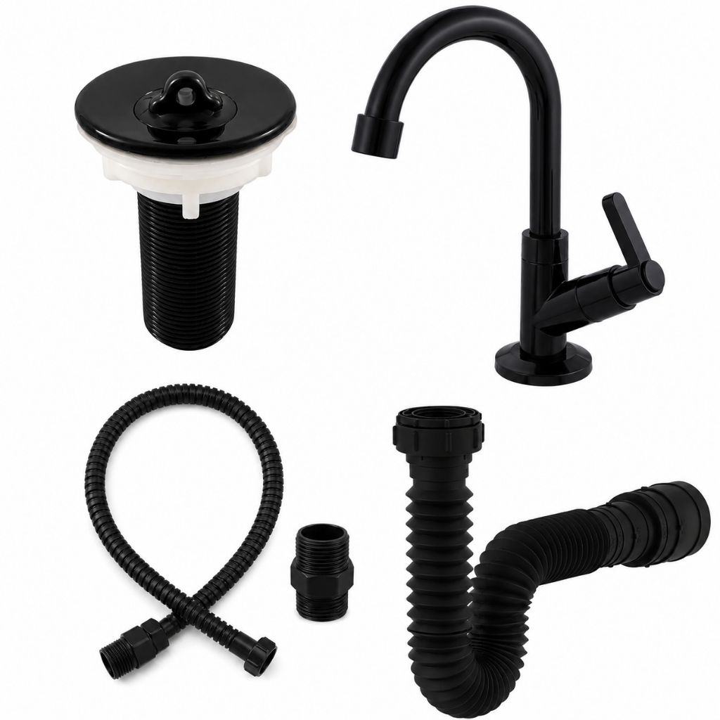 Cuba Lavatório Torneira Pia de Banheiro Preta ABS + Válvula 7/8 ABS + Sifão Preto + Engate 60cm Preto