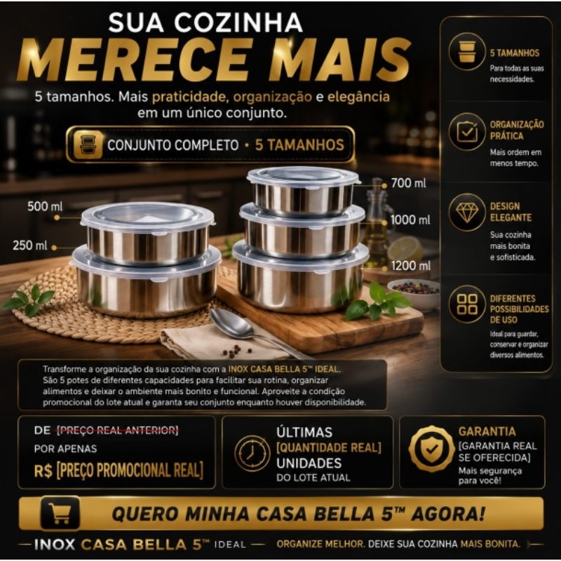 Kit Cinco Recipientes Herméticos Redondos Com Tampa Inox Armazenamento Seguro Organizador Cozinha