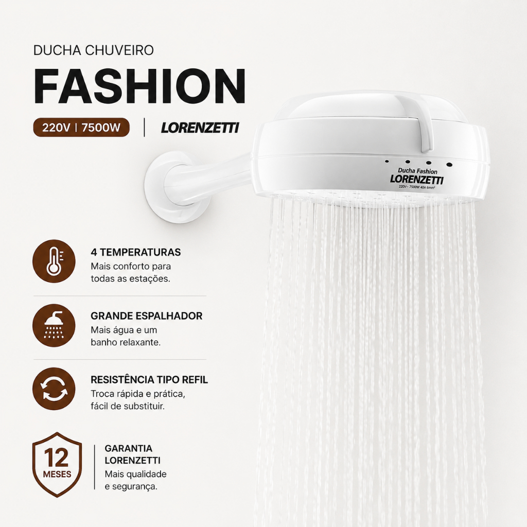 Ducha Chuveiro Fashion 220V/7500W Lorenzetti 220V - Original