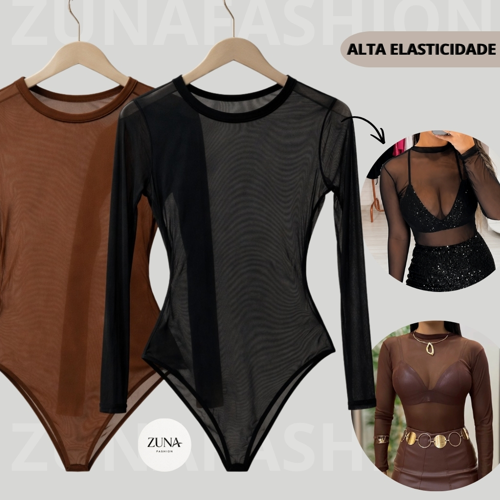 Conjunto Body de Tule Manga Longa Transparente Segunda Pele Moda Feminino