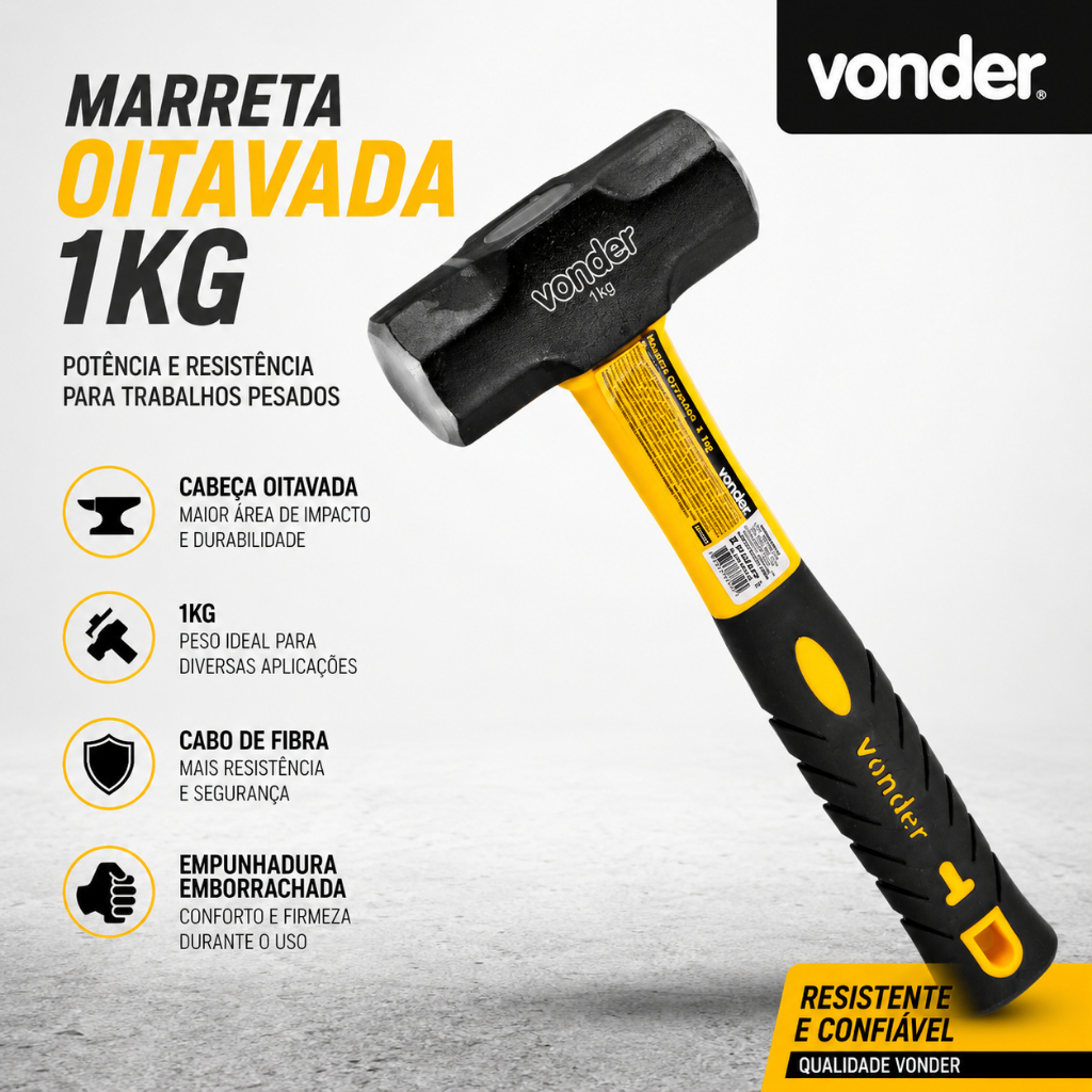 Marreta Oitavada 1kg com Cabo de Fibra e Empunhadura Emborrachada Vonder