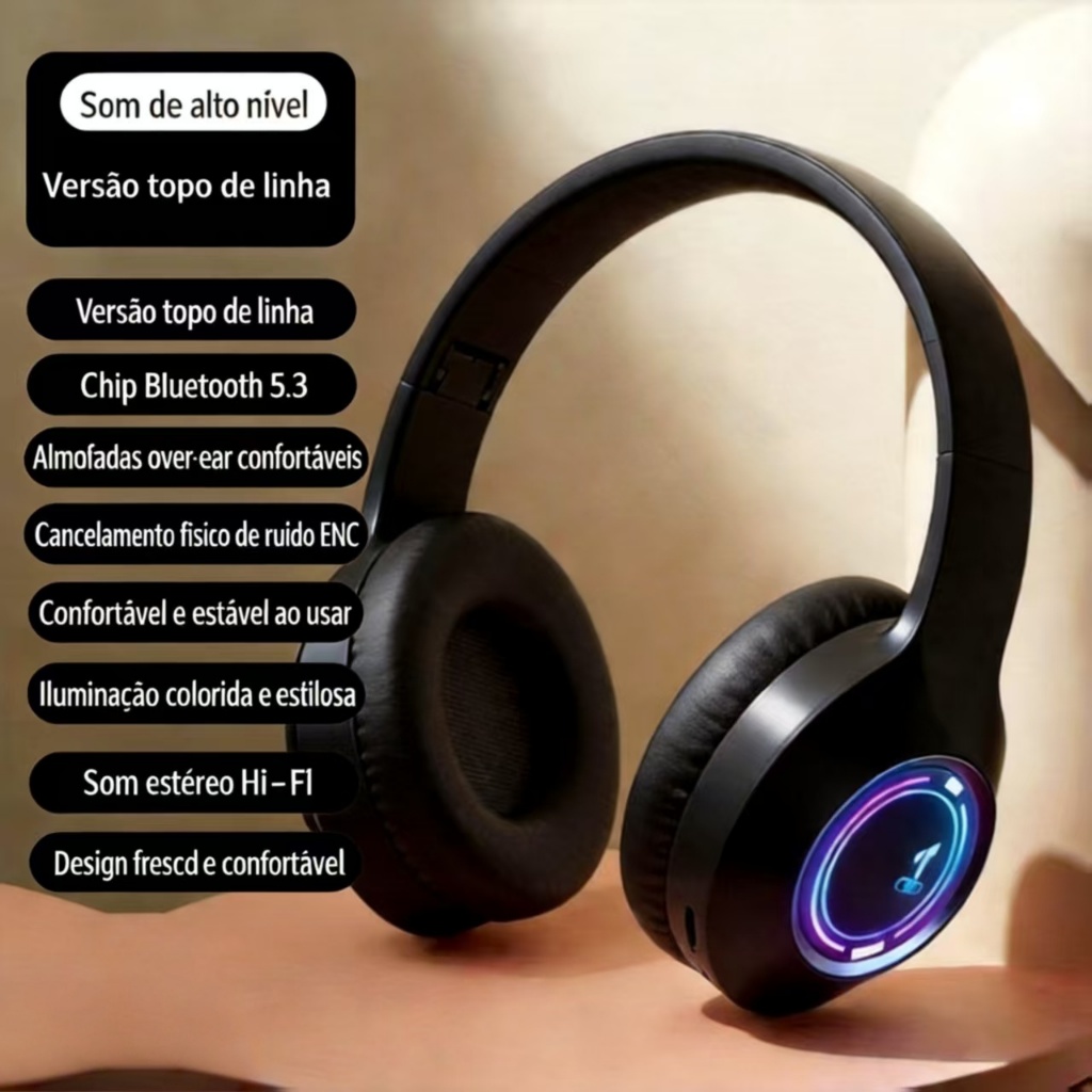 Fone over‑ear Bluetooth 5.3 Hi‑Fi com microfone integrado, ENC e conforto. Fone de ouvido Bluetooth sem fio