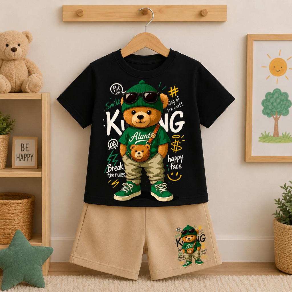 Conjunto Infantil Short Moletinho e Camiseta Algodão Estampa Urso Estiloso Menino Masculino Infanto Juvenil Casual