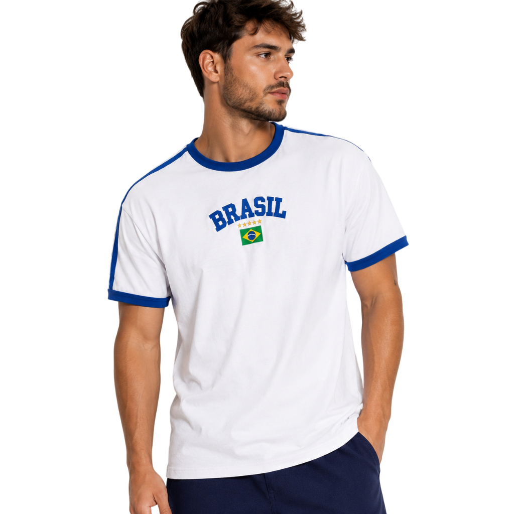 Blusa Bandeira Do Brasil Bordada Unissex - Branca