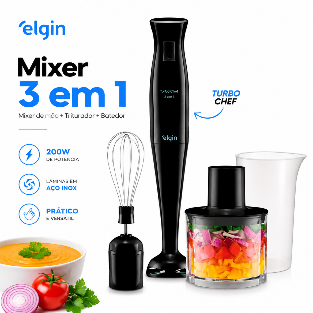 Mixer 3 em 1 Elgin Turbo Chef 200W Preto Mixer de Mão com Triturador e Batedor 3 peças