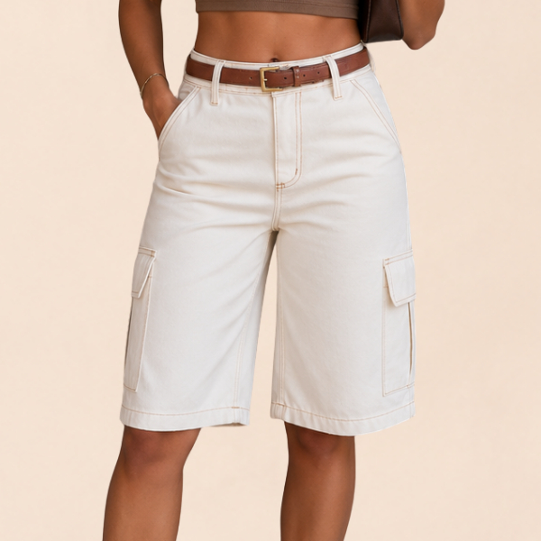 Bermuda Jeans Jorts Feminina Cintura Alta Bolsos Laterais Barra Italiana Versátil Moderno Atemporal