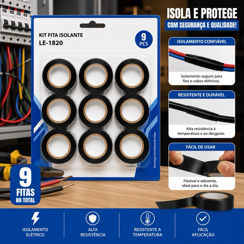 Kit 9 Fitas Isolantes Elétricas Alta Aderência Resistentes Para Reparos e Instalações LE1820