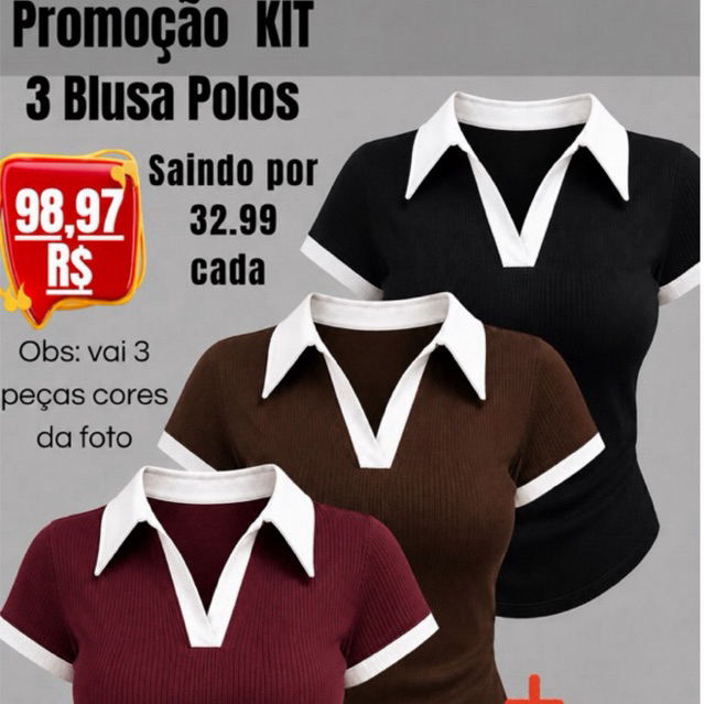 Kit 3 Blusas Polo Feminina Canelada Algodão Manga Curta Gola Bicolor Premium Casual Elegante Ajustada Básica Confortável