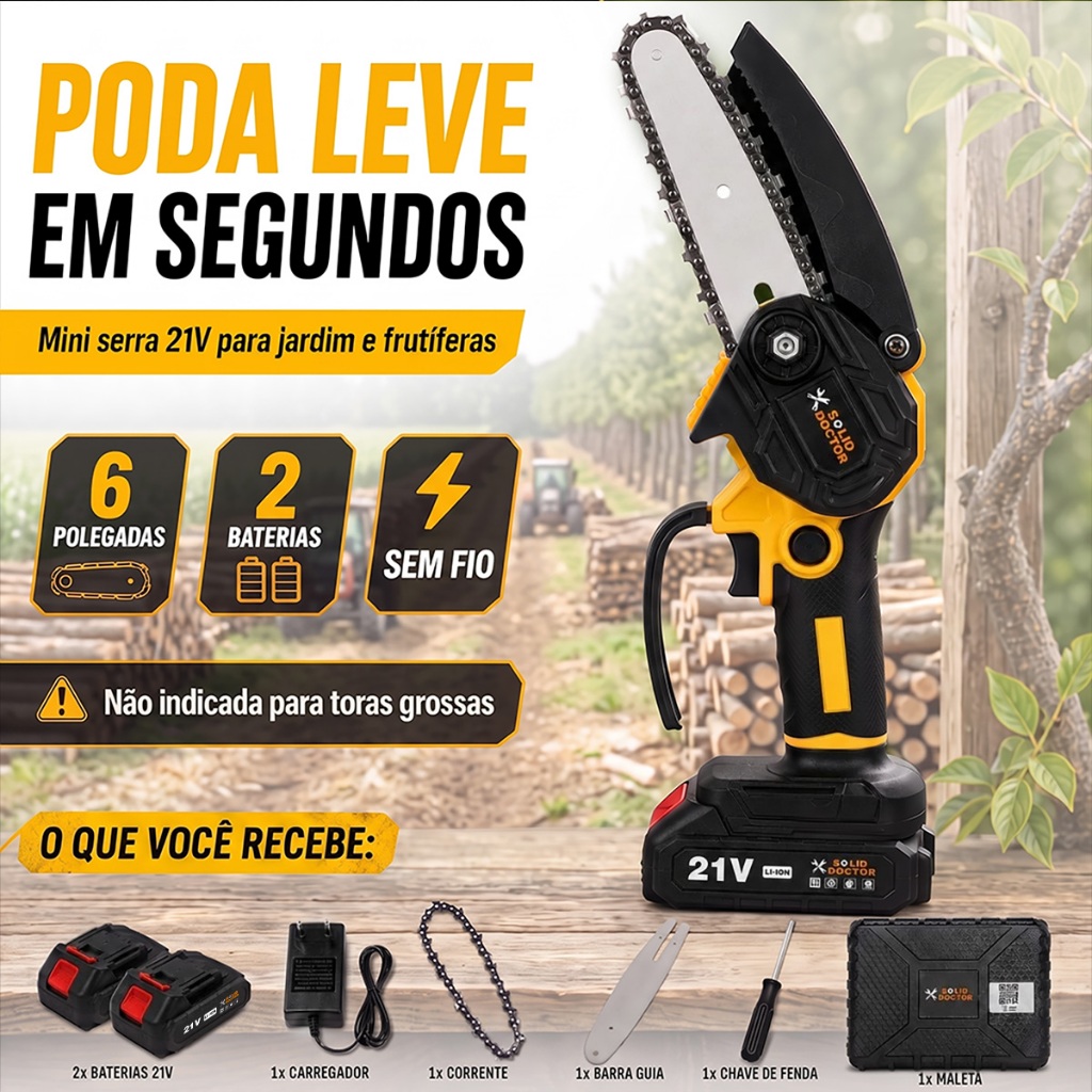 SOLID DOCTOR Mini Motosserra Elétrica 6 Polegadas 450W Sem Fio 2 Baterias Uso Doméstico e Jardinagem