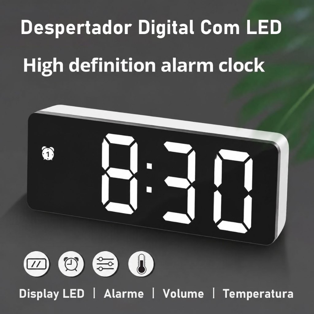 Relógio Digital LED de Mesa Despertador com Temperatura Alarme e Controle de Volume