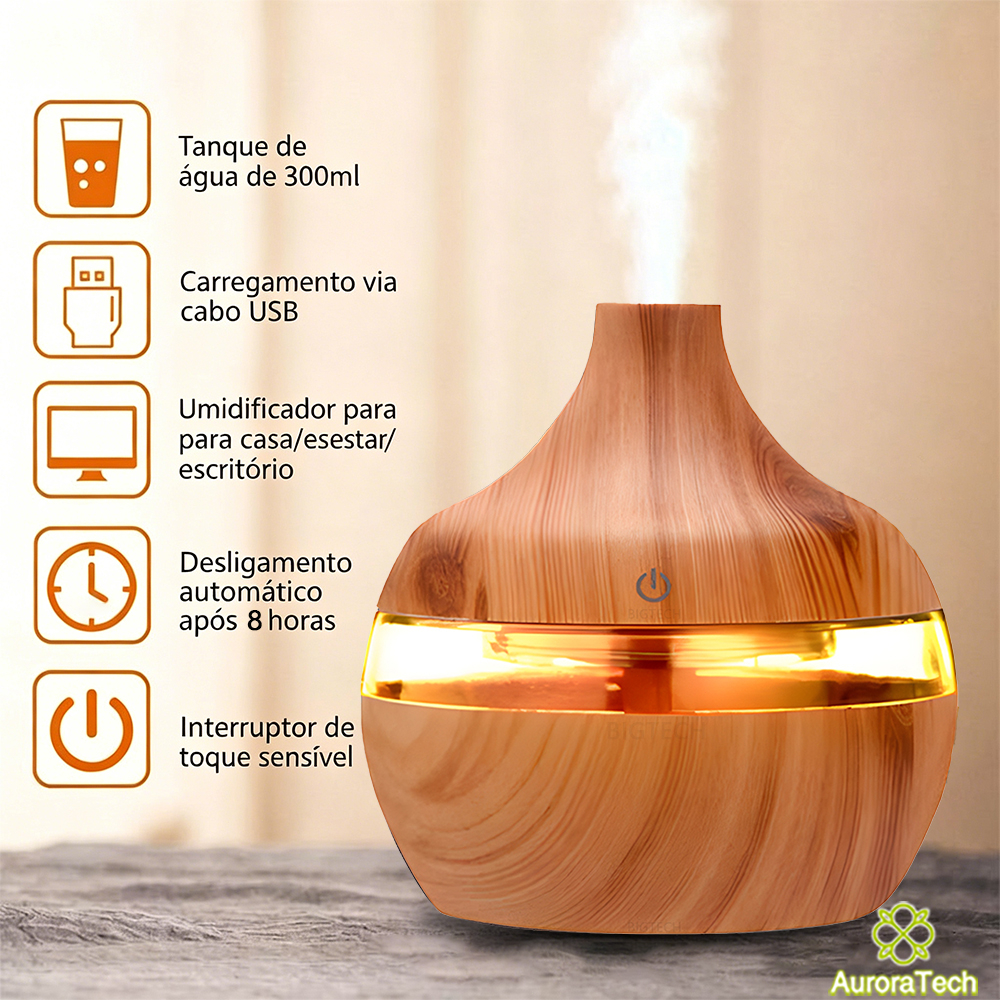 Umidificador De Ar E Aromatizador USB Portátil 300ML Ultrassônico Difusor 7 Cores Led
