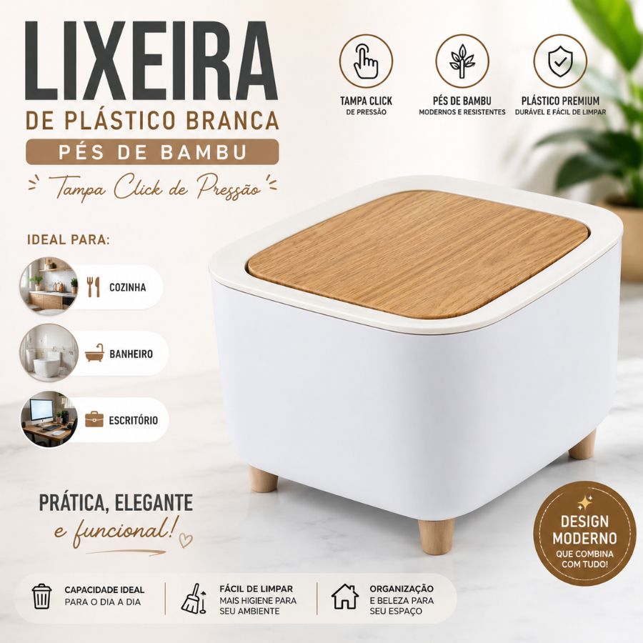 Lixeira De Plástico Branca Pés de Bambu Tampa Click de Pressão Cozinha Banheiro Escritório