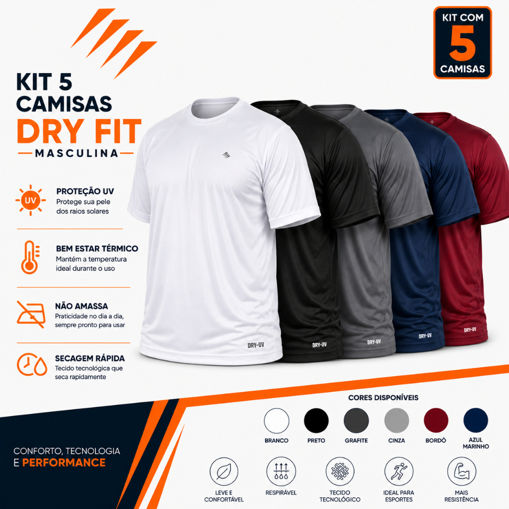 Kit 5 Camisetas Masculinas Dry Fit com Elastanho P ao G4 Academia Treino Crossfit Esportiva Com Proteção Uv 50