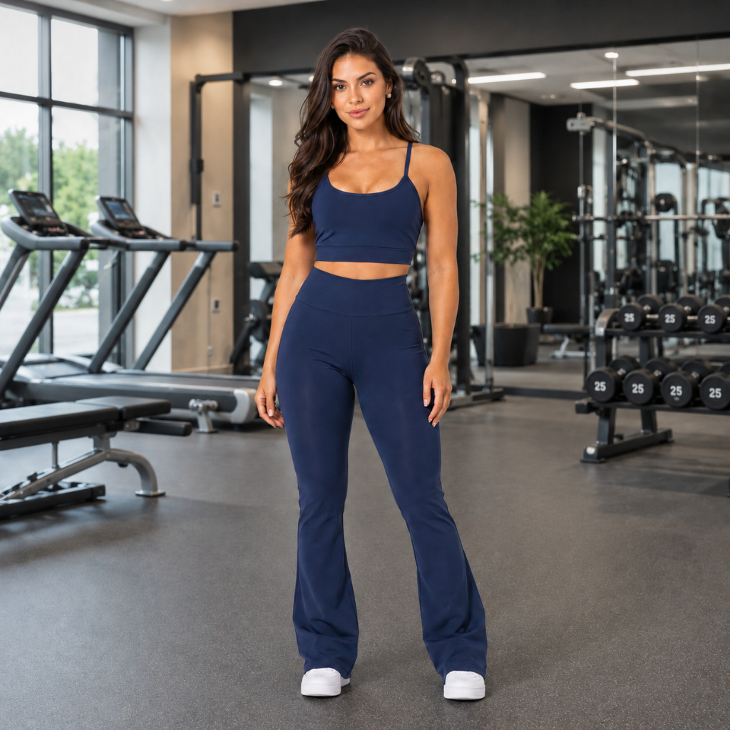 Conjunto Feminino Yoga Top Cropped E Calça Legging Flare Academia Zero Transparência