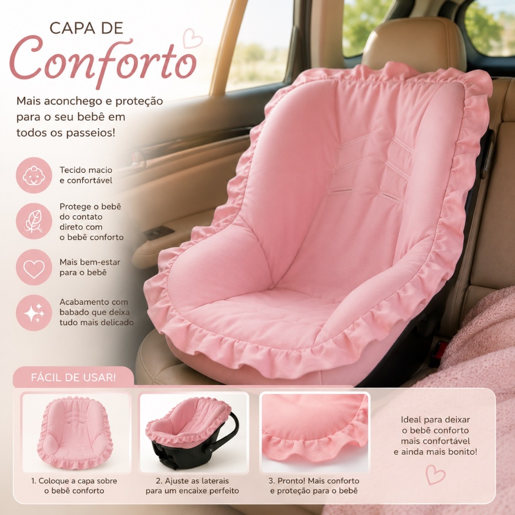 Capa de Bebê Conforto Macia 100% Algodão Acolchoada Com Elástico Estampado Unissex