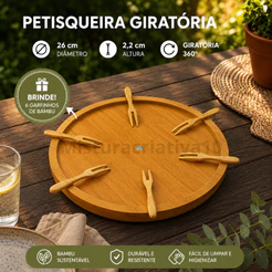 Petisqueira Gamela Bandeja Base Giratória Queijos Frios Petiscos + 6 Garfinhos de Bambu