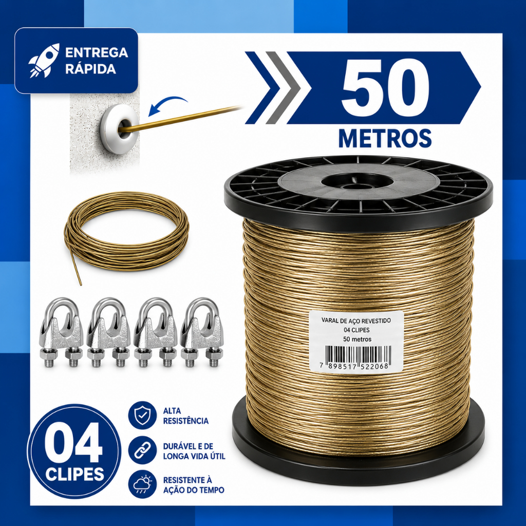 Kit Varal de Cabo de Aço Revestido 1,75mm + 4 Clips Prendedor de Cabo