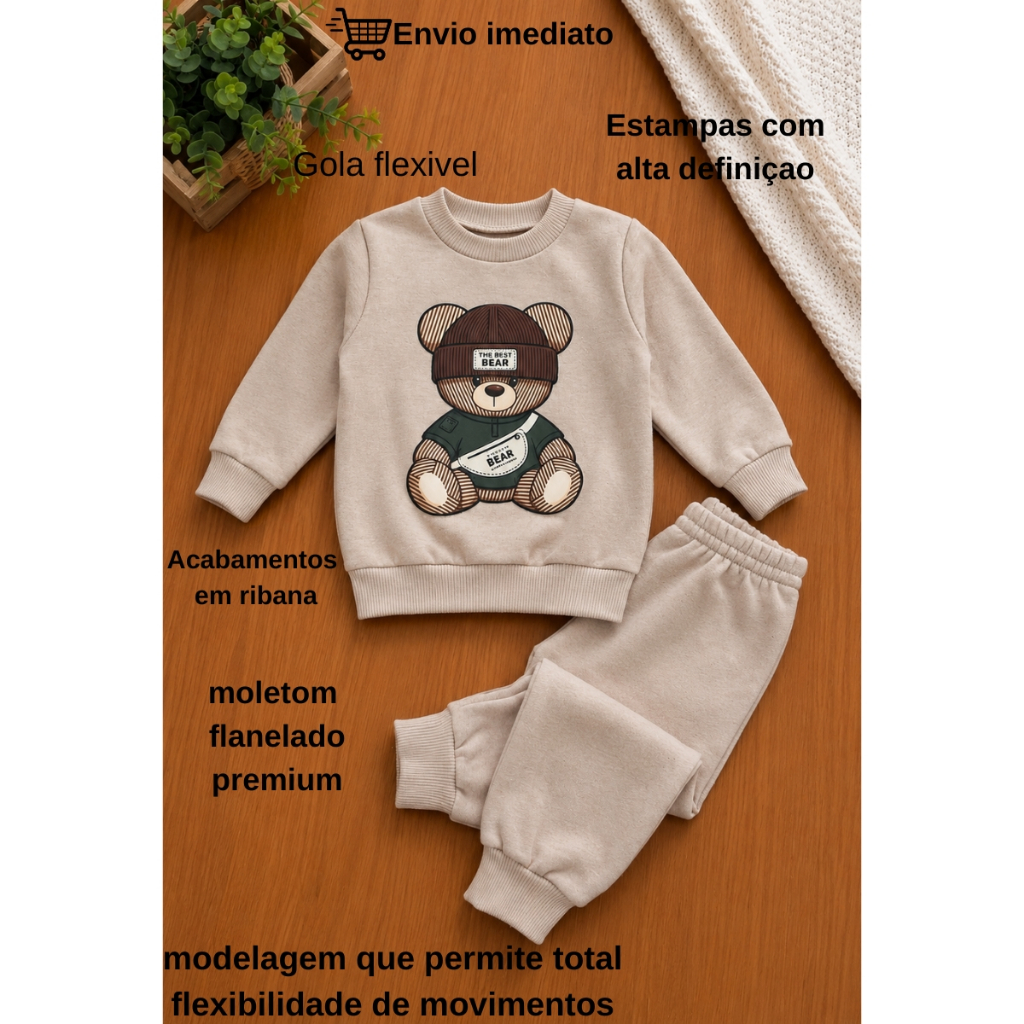 conjunto moletom masculino flanelado premium infantil bebe sem capuz roupa quentinha