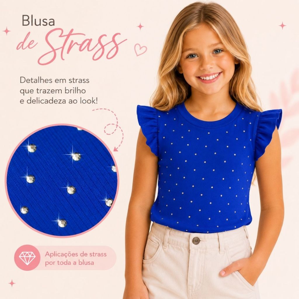 Blusa Blusinha Canelada Infantil Meninas Strass Blog Luxo - ATL