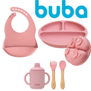 Kit Refeição Bebê com Babador Prato Copo e Talheres Original Buba Rosa