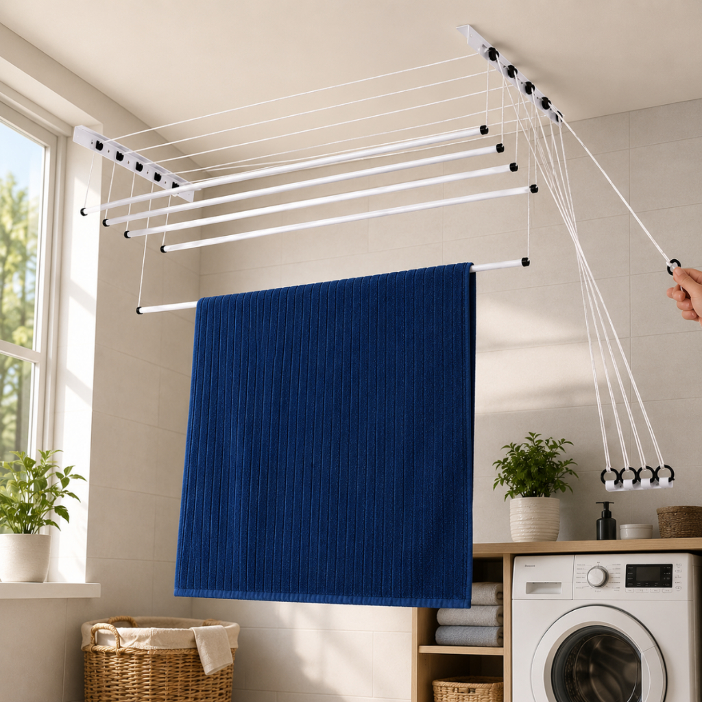 Varal de teto aço branco grande 100cm x 38cm 15kg 5 varetas resistente reforçado + kit de instalação